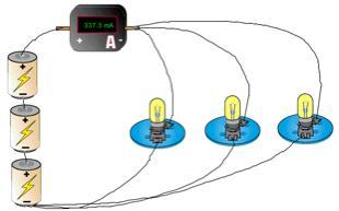 11. Below is a circuit with three batteries, an ammeter and three bulbs. The ammeter reads 337.3 ma, and all three bulbs glow equally bright.