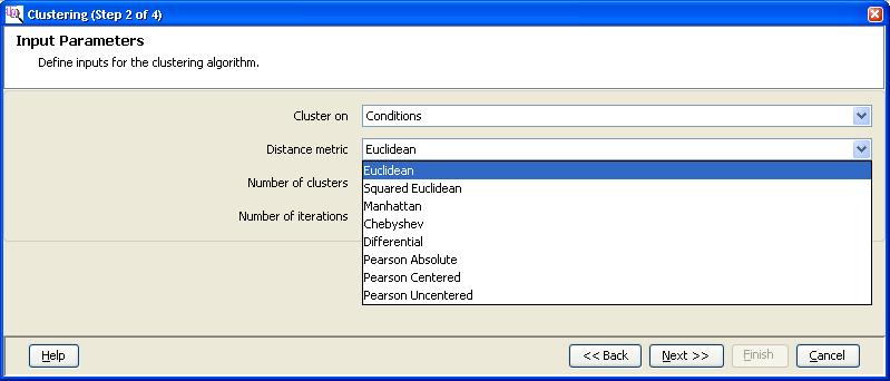 a Select the Cluster on parameter. The possible values are Entities, Conditions or Both entities and conditions. b Select the Distance metric.