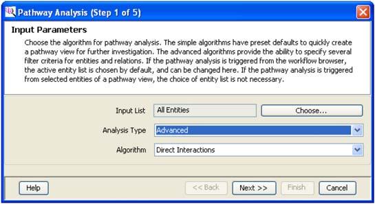 Analysis with Mass Profiler Professional - additional features Figure 102 Input Parameters page for Pathway Analysis (Step 1 of 5) If Simple was selected for the Analysis Type, the wizard proceeds