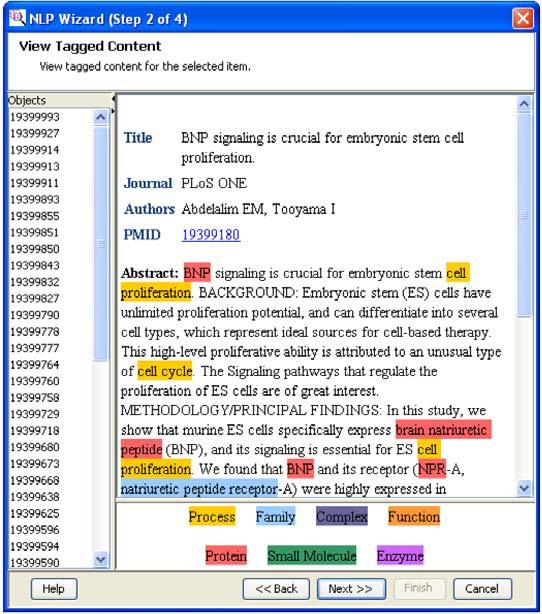 3. View Tagged Content page (NLP Wizard (Step 2 of 4)): Analysis with Mass Profiler Professional - additional features The target documents containing the search terms are identified and tagging is