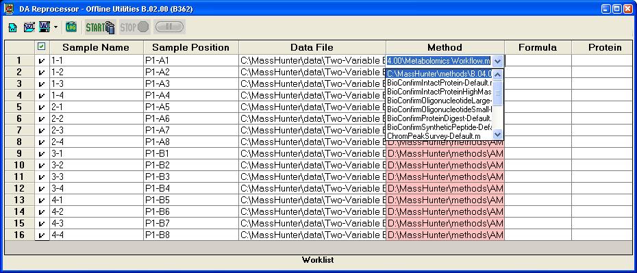 e Click the Method name for the first sample (row 1) and select the directory and name of the method saved from MassHunter Qualitative Analysis (Figure 21).