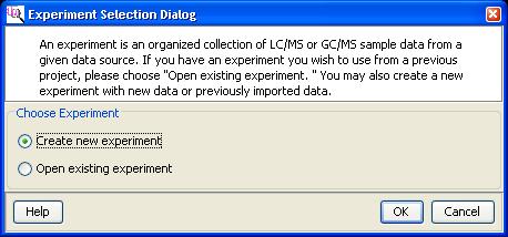 4. Click whether this is a new experiment or whether to open an existing experiment in the Experiment Section Dialog.