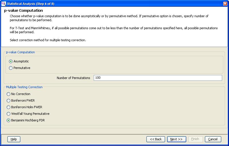 Analysis with Mass Profiler Professional - analysis ment. Benjamini Hochberg FDR (false discovery rate) is the default selection and is used by the Guided Workflow. d Click the Next button.