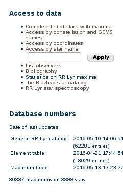 Database tables Catalog: coordinates, type, magnitudes Alias names Elements Maximums References Comments Web interface Access to data: Access by constellation