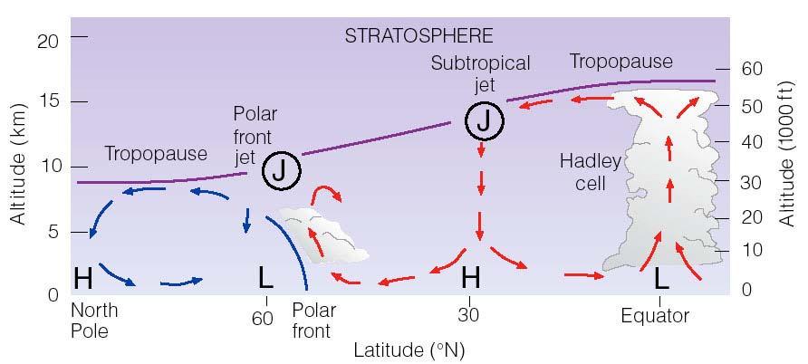 Integrated picture of Jet Streams and the three-cell general circulation model.
