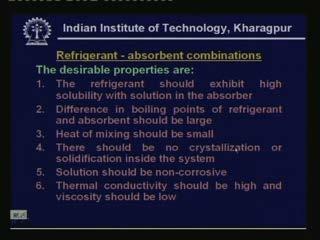 (Refer Slide Time: 00:54:51 min) Now let me quickly look at the refrigerant absorbent combinations the desirable properties are the refrigerant should exhibit high solubility with solution in the