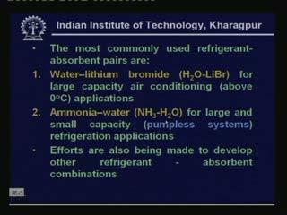 (Refer Slide Time: 00:55:34 min) And based on these desirable properties there are two most commonly used refrigerant absorbent pairs they are water lithium bromide for