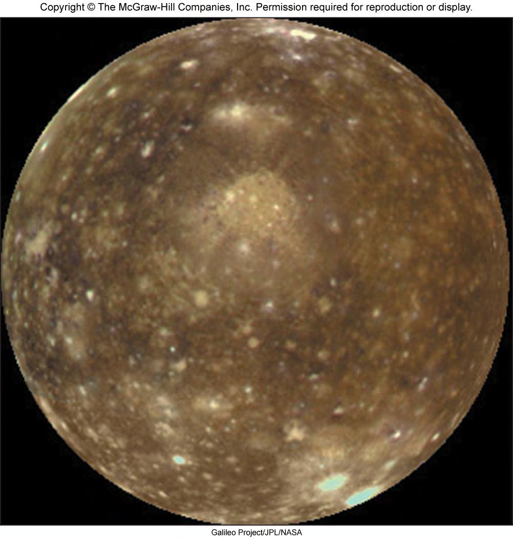 Similar in size and composition to Ganymede. Callisto More heavily cratered. A series of concentric ridges surrounding two large basins.