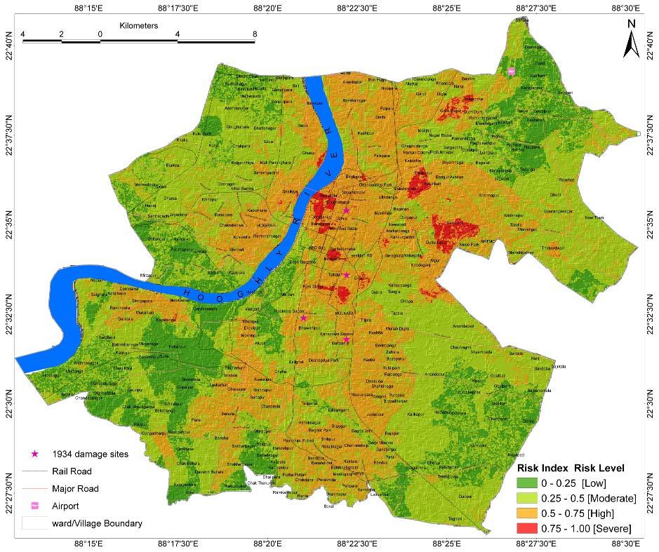 Fig. 14. Probabilistic Seismic Socio-Economic Risk Map of Kolkata. Four broad divisions have been identified with Risk Index (SERI) defined as: 0.75< SERI 1.