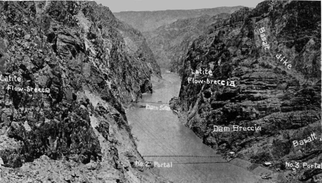 View of dam site looking upstream, annotated with geology.