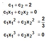 We have the nonlinear system From MATLAB we have >> syms c1 c2 x1 x2; >> [Sx1,Sx2,Sc1,Sc2]=solve(c1+c2==2,c1*x1+c2*x2==0,c1*x1^2+c2*x2^2==2/3,c1*x1^3+c2*x2^3 ==0,x1,x2,c1,c2) Sx1 = Sx2 =