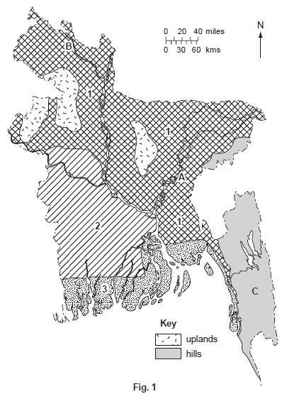Topic 1: Physical Features: Natural topography, Drainage system 1 (a) Study Fig. 1, a physical map of Bangladesh. 2008 (i) Name the two rivers marked A and B. [2] (ii) Name the area marked C.