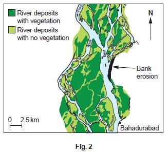 1 (a) Study Fig. 1, a map showing the main rivers of Bangladesh. Name the rivers marked A, B, C and D. [4] (b) Study Fig. 2, which shows a small area of the Jamuna river.