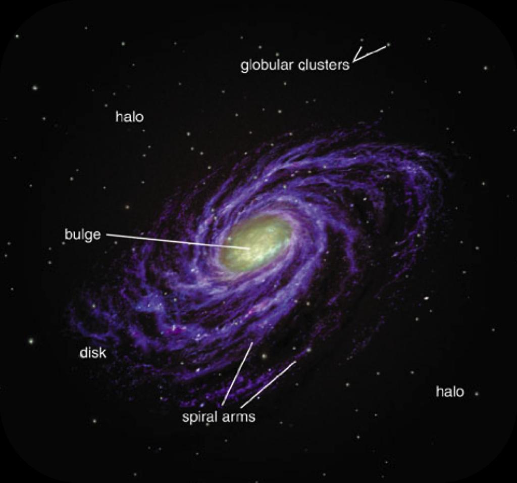 Parts of a spiral galaxy Contrary to ellipticals and irregulars that show no clear structure, spiral and barred spiral galaxies have three clearly differentiated parts: The central part is called the
