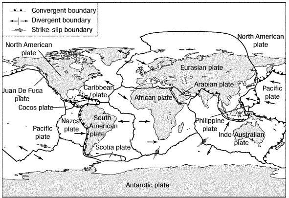 Major Plates of the Lithosphere Create a key, and color code the boundaries on the map above.