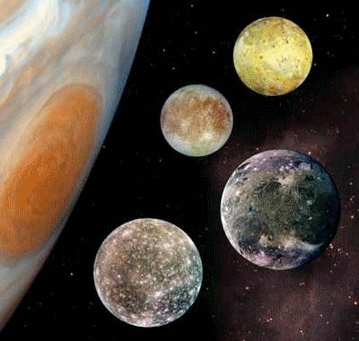 Jovian Moons Galilean Family Portrait Io - currently active volcanos Europa -- water under thick