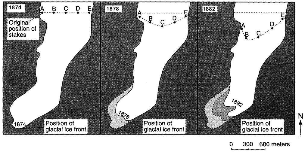 63. Base your answer to the following question on the three maps below, which show the ice movement and changes at the ice front of an alpine glacier from the years 1874 to 1882. Points A, B.