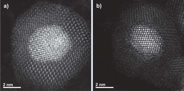 Fig. 1 STEM-HAADF images of two different single NPs in the FePt@CdSe sample. Core size and shell thickness are estimated to be (a) 4.6 nm and 2.3 nm, and (b) 4.1 nm and 2.1 nm, respectively.