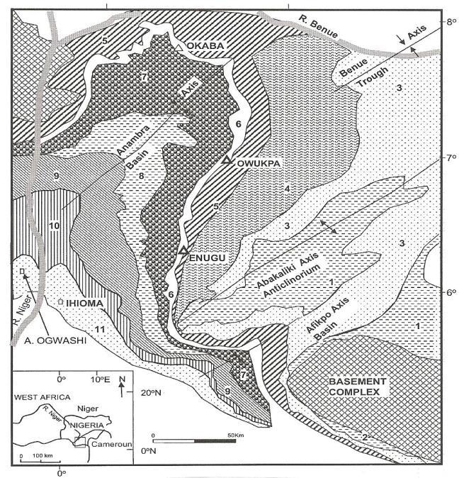 Ajali Sandstone; 8. Nsukka Formation; 9. Imo Shale; 10. Ameki Formation and 11. Ogwashi-Asaba Formation (modified from Akande et al., 2007).