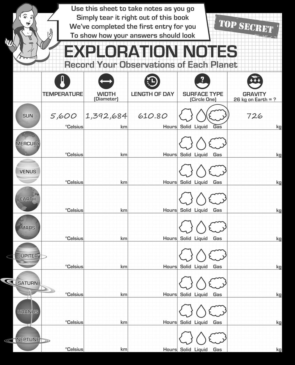 9 Use this sheet to take notes as you explore each planet.
