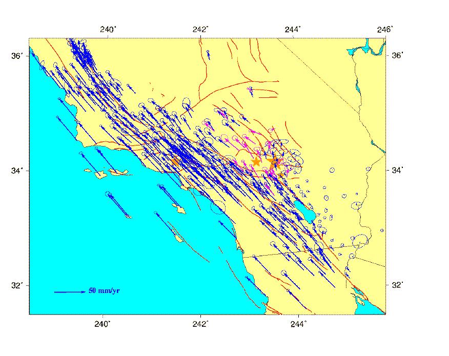 Measuring deformation across the San Andreas fault in California Displacement measured by GPS (mm/yr) Distance with respect to the San Andreas fault (km) During the 1992-2000 period: GPS-derived