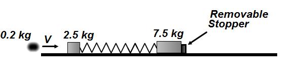 10. A 2.5 kg block and a 7.5 kg block are both attached to an ideal spring (for which k = 250 N/m) and both are initially at rest on a horizontal frictionless surface, as shown in the diagram above.