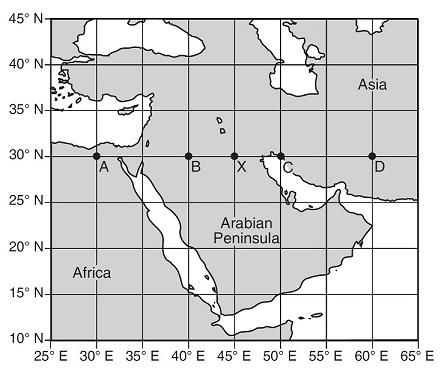 22. The map below shows a portion of the Middle East. Points A, B, C, D, and X are locations on Earth's surface. When it is 10:00 a.m. solar time at location X, at which location is 11:00 a.