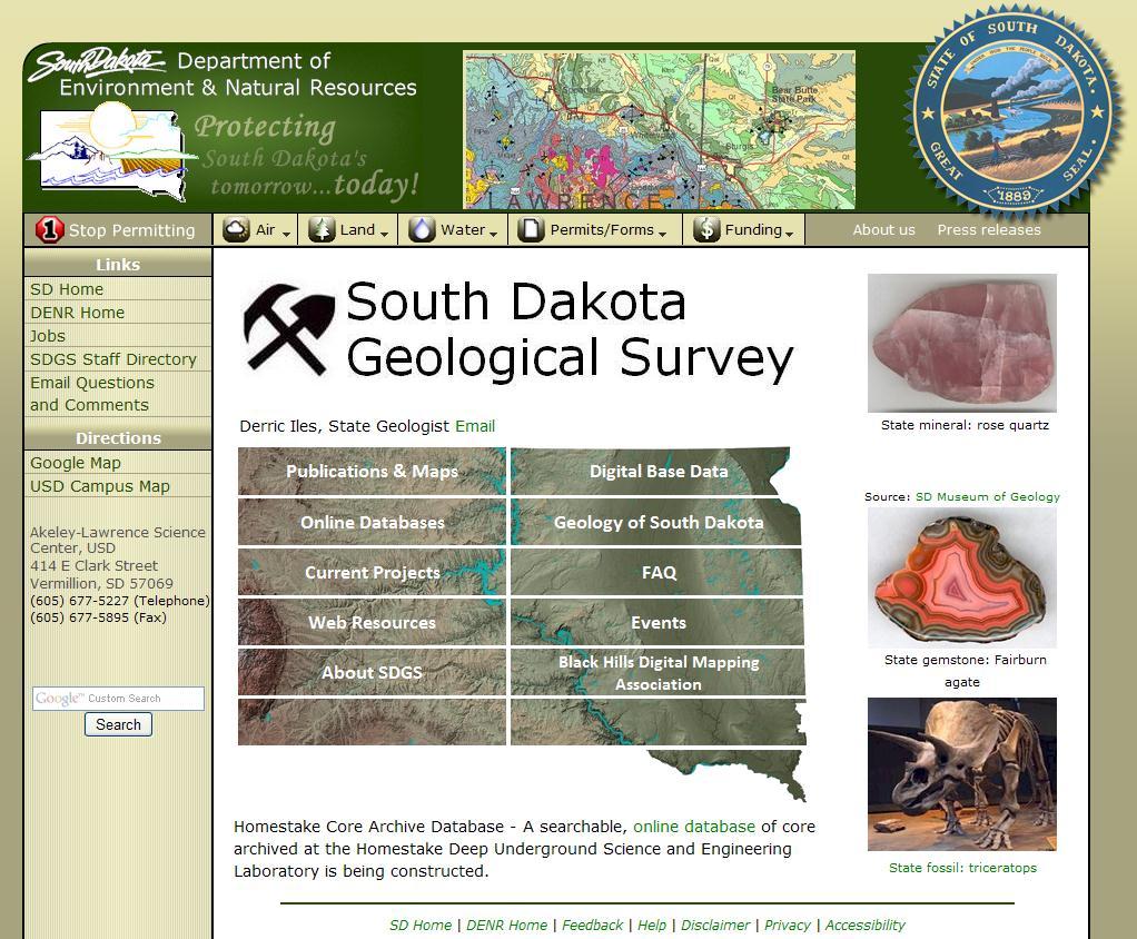 Existing online databases Geological Survey Program web site Publications, maps, and data available for free download from www.sdgs.