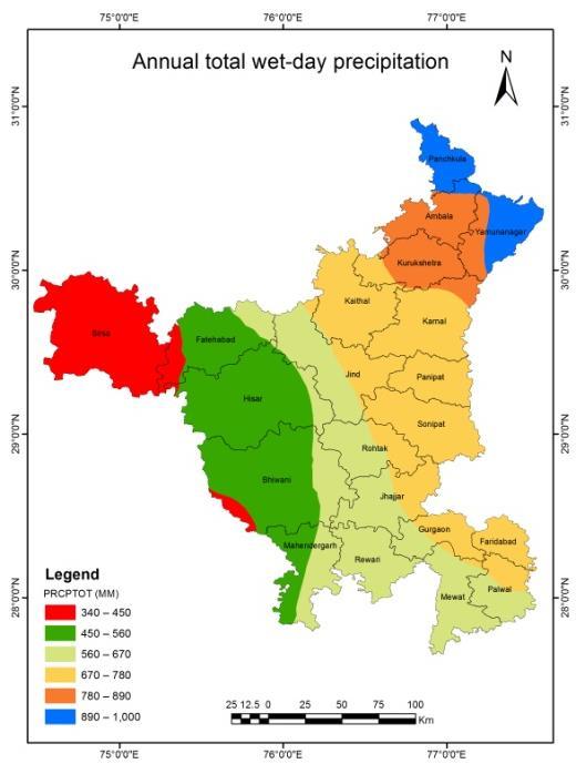 Fig 5: Annual total wet-day precipitation (PRCPTOT) and Simple daily intensity index (SDII) in Haryana, Conclusions The spatial distribution of eleven rainfall indices on an annual scale showed a