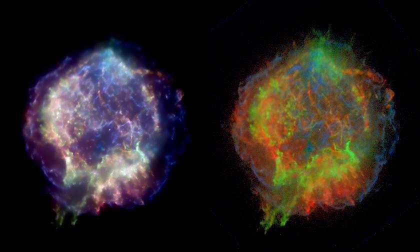 11 Fig. 5. The Supernova remnant Cas A, as imaged by the Chandra X-ray satellite using the ASIS camera 10. R, G, and B correspond to 0.3 1.55 kev, 1.55 3.34 kev, and 3.34 10keV respectively.