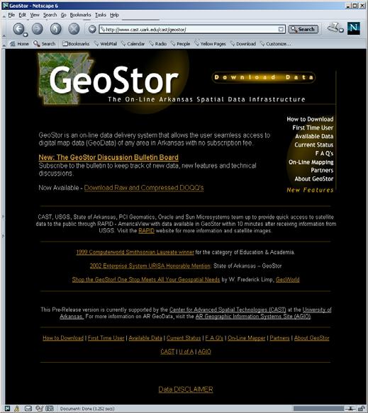 GeoStor System Oracle (8-9i-10g) based 5+ TB of geographic data Operational since Jan 2002 Data distribution component Web-based public