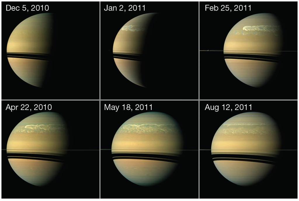 Saturn has planet wide storms that are similar to thunder storms The white