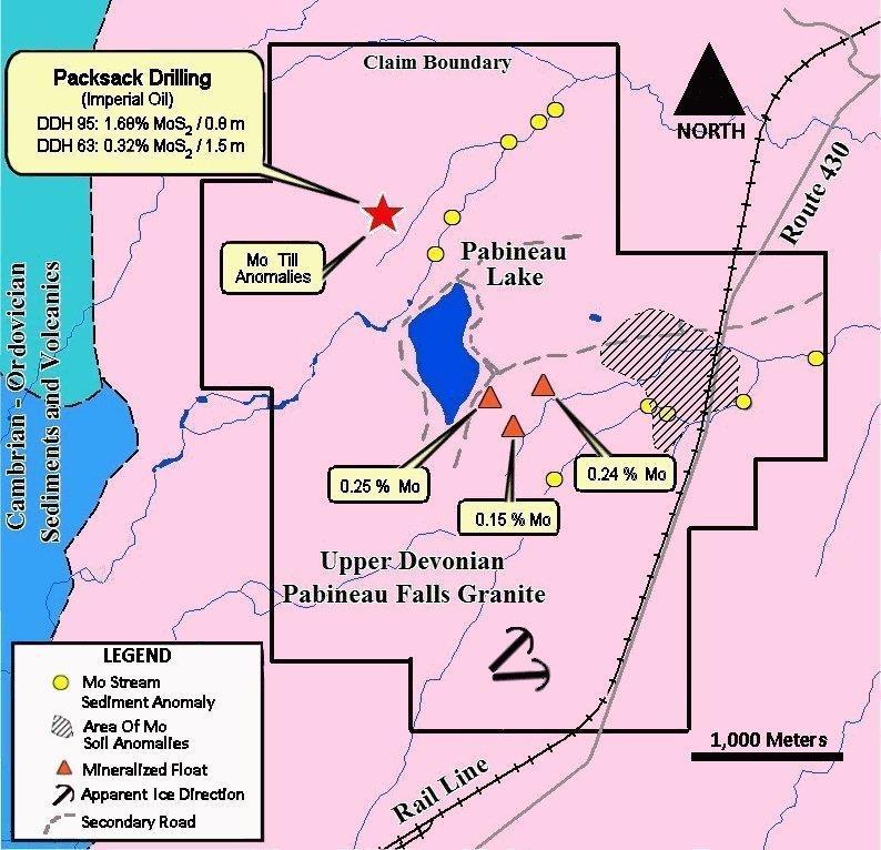 PABINEAU MOLYBDENUM PROJECT Porphyry molybdenum target Boulders found include 0.254%, 0.244% and 0.