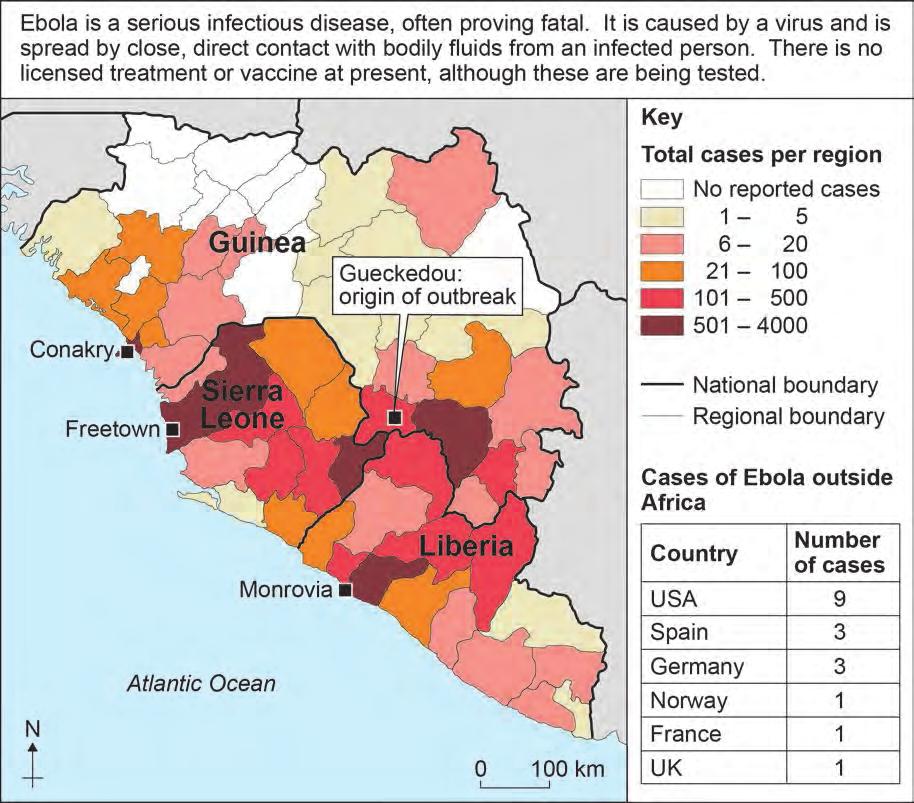 40 8 Health Issues 8 (a) Figure 12 shows the distribution of Ebola cases in part of West Africa and cases outside Africa up