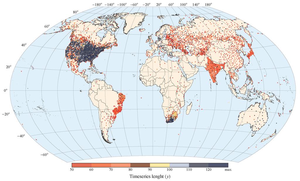 The dataset A subset of the Global Historical Climatology Network-Daily database: stations with daily rainfall time series with length over 50 years (a