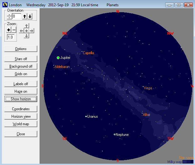 From the sky visualisation chart it is possible to display the sky as an overhead chart with the stars and planets in their correct and more realistic positions.