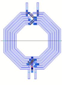 13 / 16 Layout of Transformer Structure Two inter-winding symmetric octagonal inductors Stacked with top three metal layers (1.