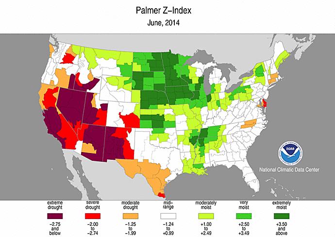 included drastic differences in category values between extreme drought conditions in the southwest and extremely moist conditions throughout north central United States.