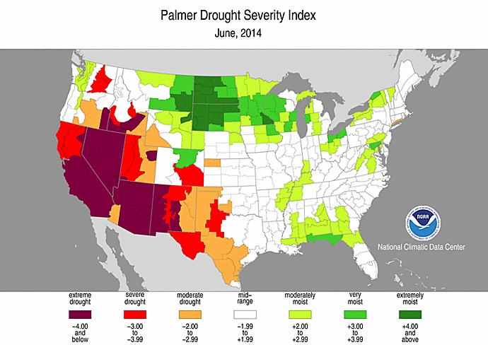 X 2, depending on which had the opposite sign of X 3, whenever 50% < P e 100%. Like the Z index, NCDC produces monthly maps of the PDSI dating back to 1900 for all 344 climate divisions.