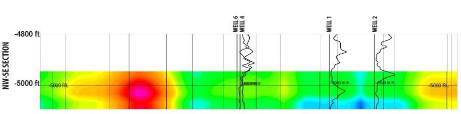 In the southwest to northeast cross section, the induction log shows resistivity change within the Paluxy at