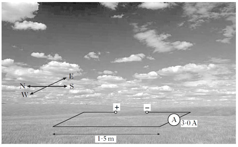 cont (b) At this location a student sets up a circuit containing a straight length of copper wire lying horizontally in the North South direction as shown in figure 6C.
