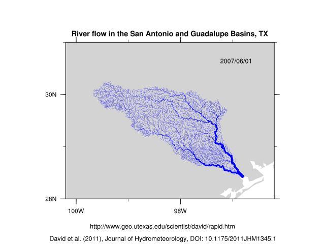 Guadalupe San Antonio Animation NHDPlus rivers, Noah-MP land surface