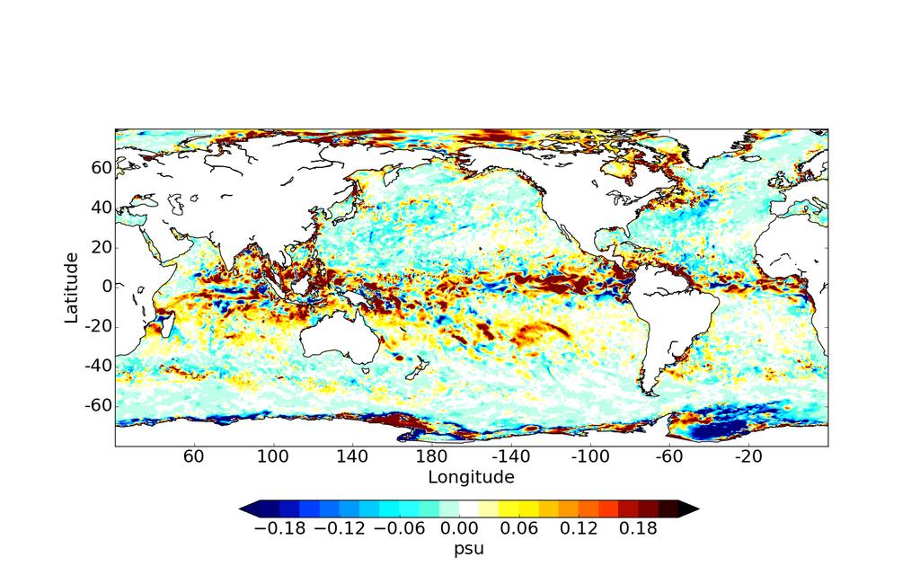 Sea surface anomaly (SLA) assimilation (II) Sea surface salinity (CERA-SAT ORAS5); Jan 22, 2012