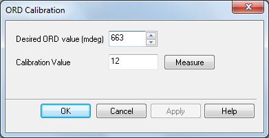 Figure 2.5: the ORD Calibration dialog box 6. Enter the known value of the optical rotation in mº for your sample in the Desired ORD Value box.