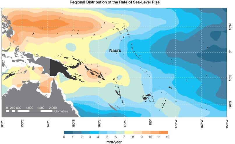 Figure 8.4: The regional distribution of the rate of sea-level rise measured by satellite altimeters from January 1993 to December 2010, with the location of Nauru indicated.