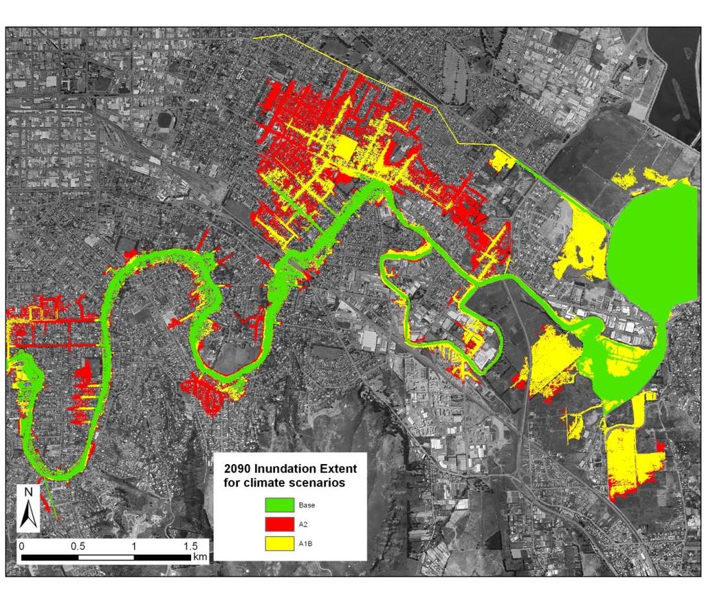 Figure 3.3: Flood inundation of S.E. Christchurch showing scenarios for 2090 in relation to the present scenario (NB pre-earthquake).