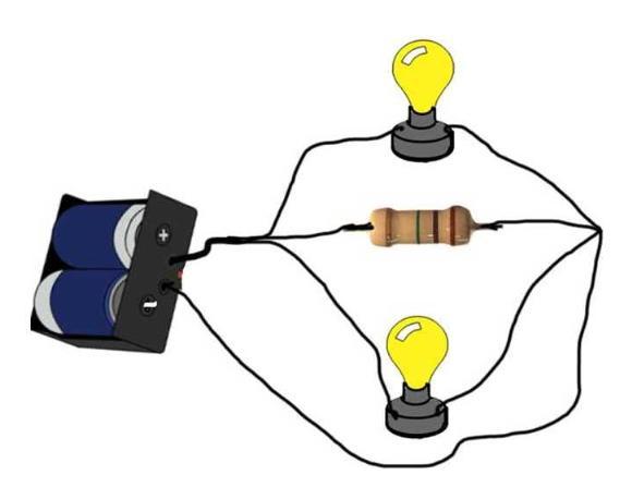 7) The figure below represents a simple electrical circuit containing a power source, two light bulbs and one