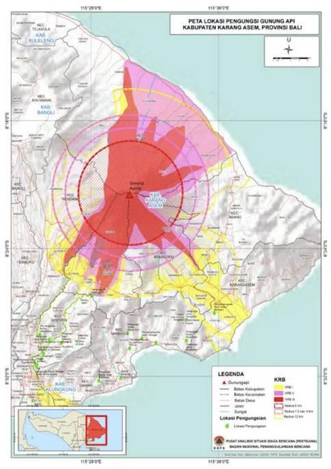 Agung Volcano, Bali, Indonesia Volcanic hazards map, Agung volcano, Bali, Indonesia Erupted in 1963 64, caused over 1000 deaths and had a major impact on global climate Seismic swarm starting in