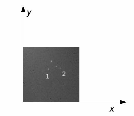 Fig. 9: M73 field. The numbers indicate the stars used to calculate the rotation angle of the frame. N. X Y R.A(2000) Dec(2000) 1 213.58 392.54 20h58m56.77s -12 38'30.3" 2 244.42 393.70 20h58m53.
