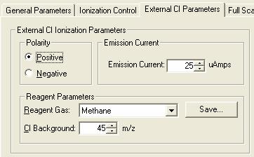 Setting External CI Parameters Although there are several CI reagents, methane is the reagent of choice for chemical ionization when the instrument is in External configuration.